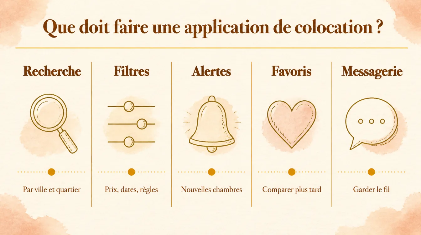 Fonctions à comparer entre applications de colocation : recherche, filtres, alertes, favoris et messagerie