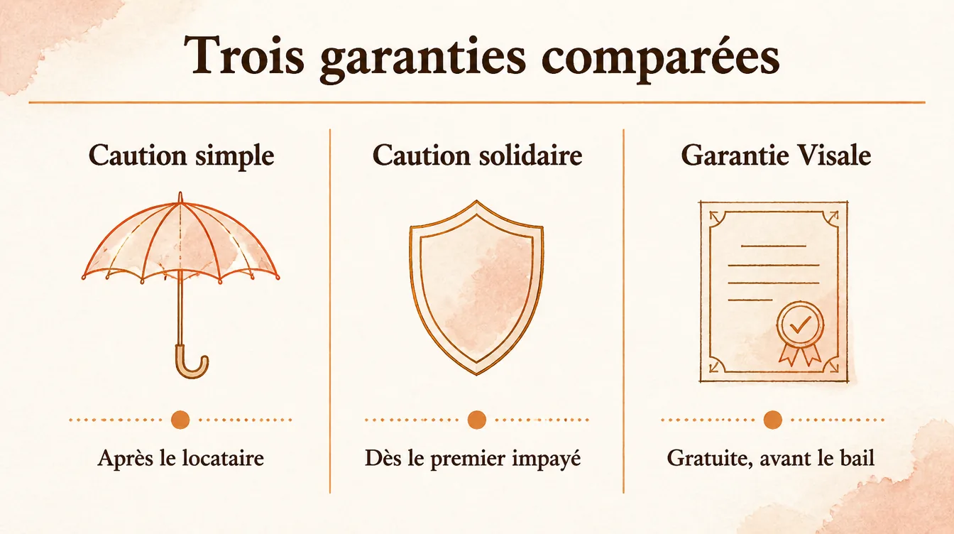 Trois garanties comparées en colocation : caution simple, caution solidaire et garantie Visale