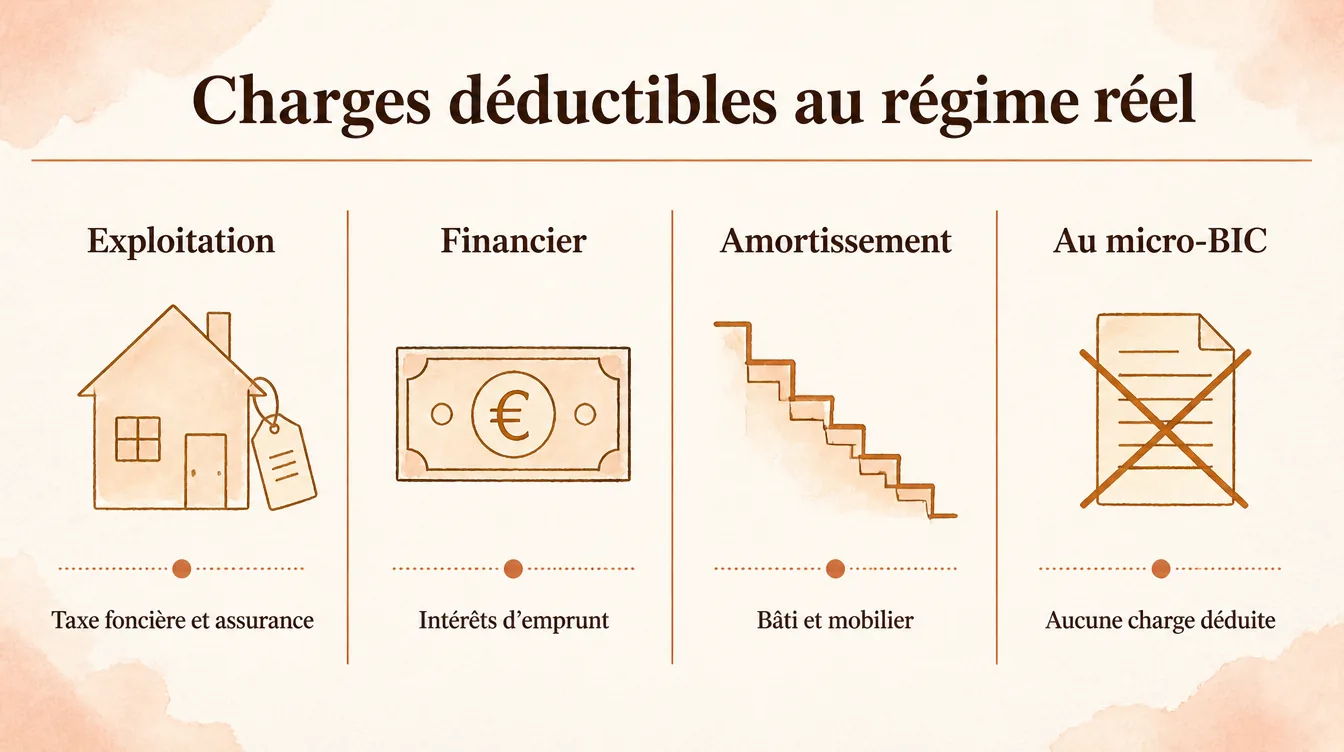 Charges déductibles au régime réel : exploitation, charges financières, amortissement, et absence de déduction au micro-BIC